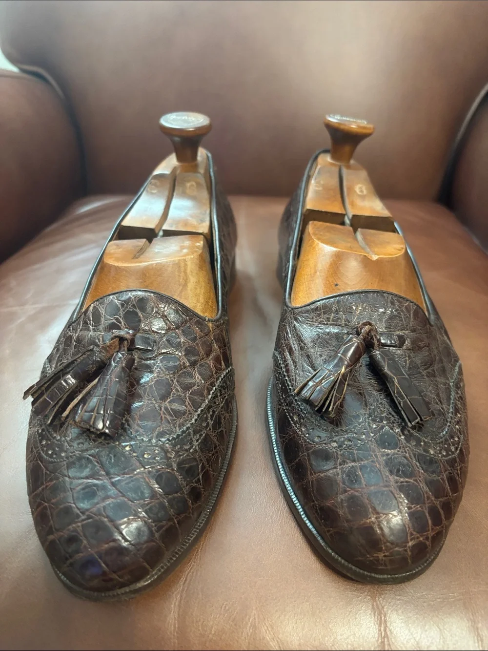 Ralph Lauren Dark Brown Croc-Pattern Tassel Loafers